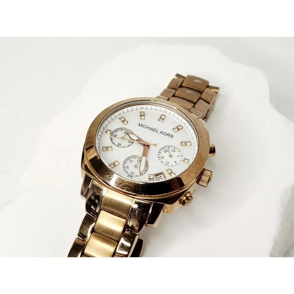 Michael Kors Rose Gold MOP Dial Crystal Chronograph Watch MK5336 New Battery